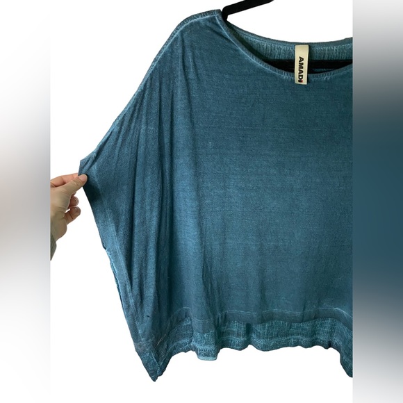 Amadi | XS/S Teal Dolman Short Sleeve Linen Blend Top - Picture 3 of 6